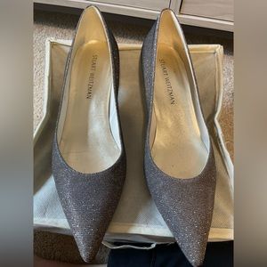 Stuart Weitzman Pewter Poco glitter kitten heels